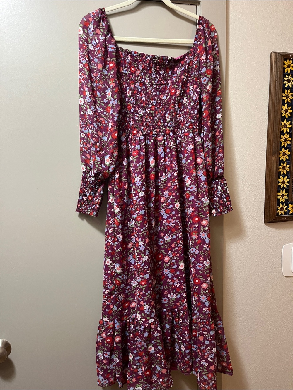 Betsey Johnson Burgundy Floral Smocked Maxi Dress with Long Sleeves - Picture 6 of 6